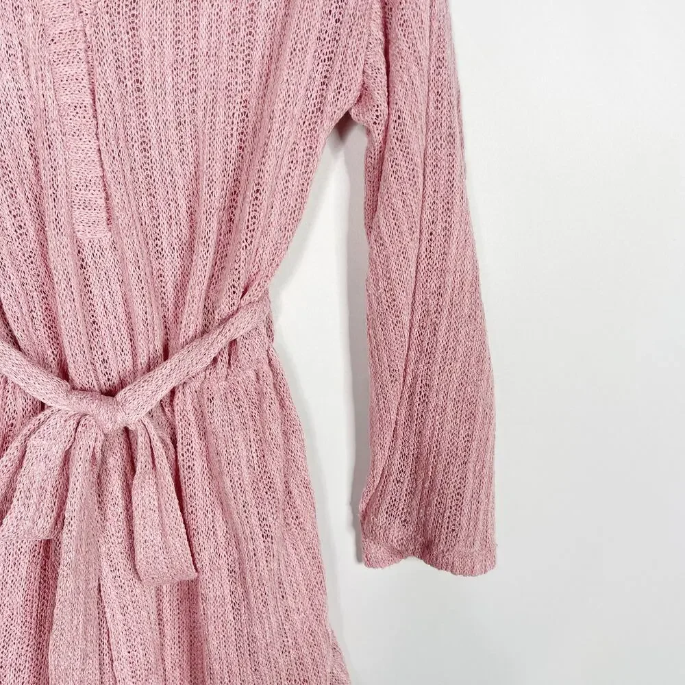 Blue Blush Pink Small S Open Knit Tie Waist Bell Sleeve Romper Cover Up Ribbed